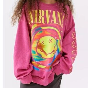 Urban Outfitters X Nirvana Oversized Sweatshirt Spiral Smile Face Pink Crewneck